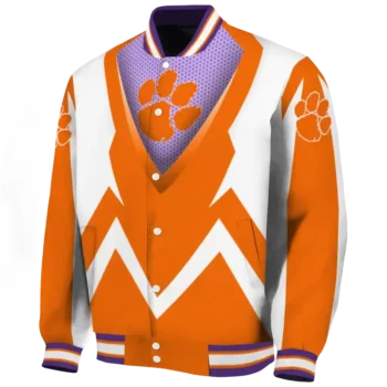 customized clemson tigers v stripes orange white varsity jacket best selling.webp