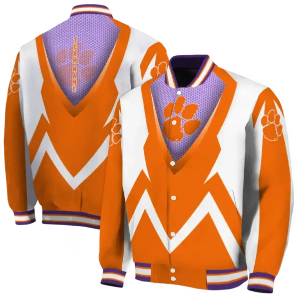 customized clemson tigers v stripes orange white varsity jacket fashion forward.webp