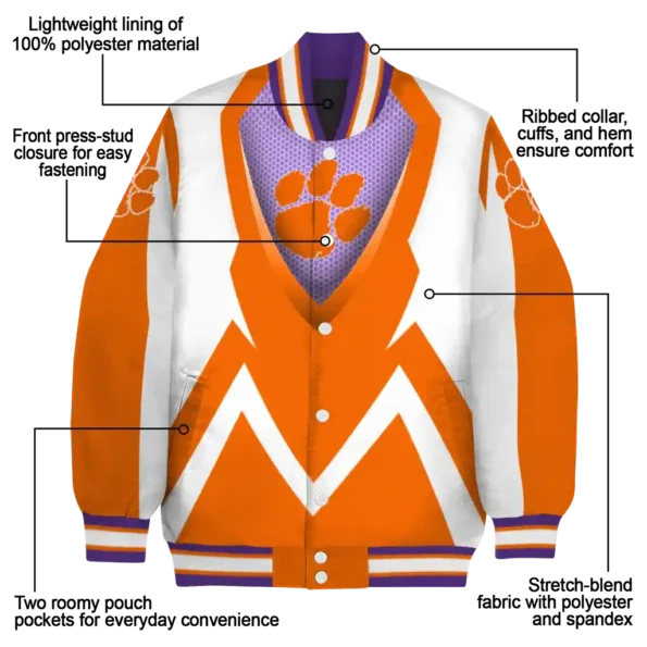 customized clemson tigers v stripes orange white varsity jacket new arrival.webp