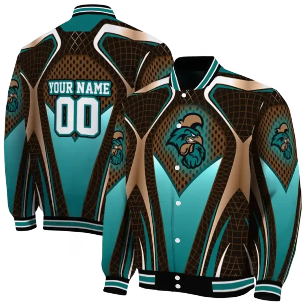 customized coastal carolina chanticleers mesh chest gold black varsity jacket fashion forward.webp