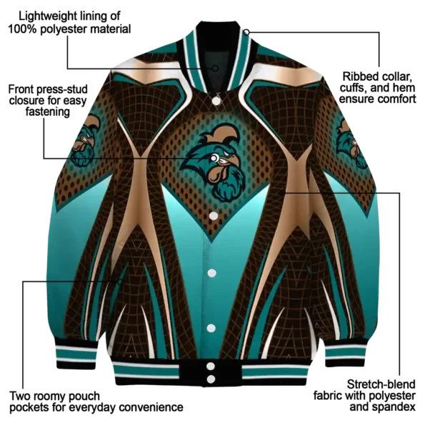 customized coastal carolina chanticleers mesh chest gold black varsity jacket new arrival.webp