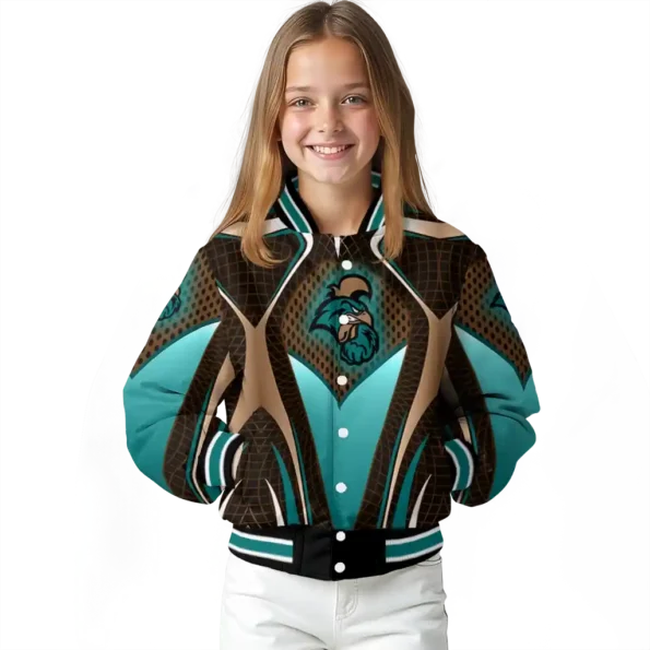 customized coastal carolina chanticleers mesh chest gold black varsity jacket top rated.webp