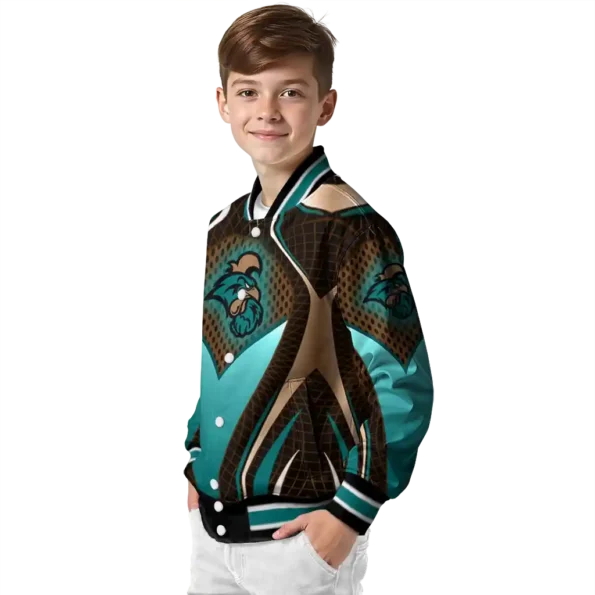 customized coastal carolina chanticleers mesh chest gold black varsity jacket trendy.webp