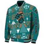 customized coastal carolina chanticleers pyramid shapes green varsity jacket best selling.webp