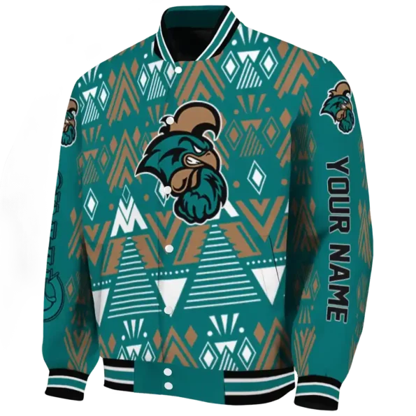 customized coastal carolina chanticleers pyramid shapes green varsity jacket best selling.webp