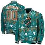 customized coastal carolina chanticleers pyramid shapes green varsity jacket best selling.webp