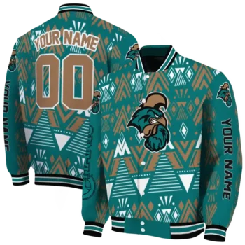 customized coastal carolina chanticleers pyramid shapes green varsity jacket fashion forward.webp