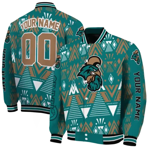 customized coastal carolina chanticleers pyramid shapes green varsity jacket fashion forward.webp