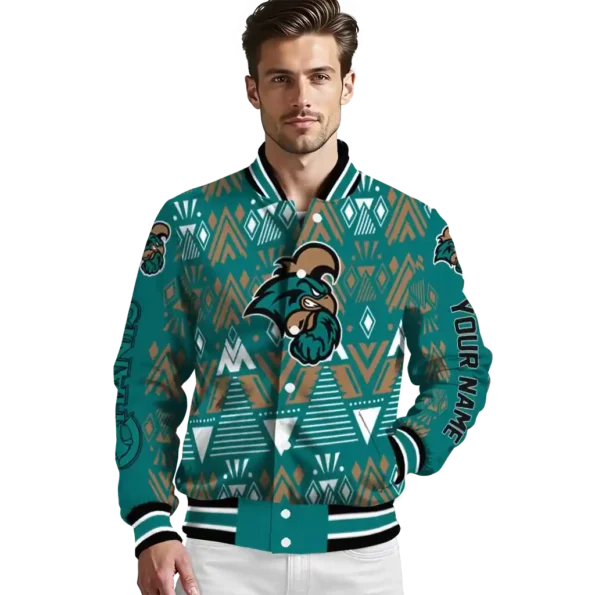 customized coastal carolina chanticleers pyramid shapes green varsity jacket high quality.webp