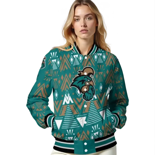 customized coastal carolina chanticleers pyramid shapes green varsity jacket latest model.webp
