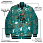 customized coastal carolina chanticleers pyramid shapes green varsity jacket best selling.webp