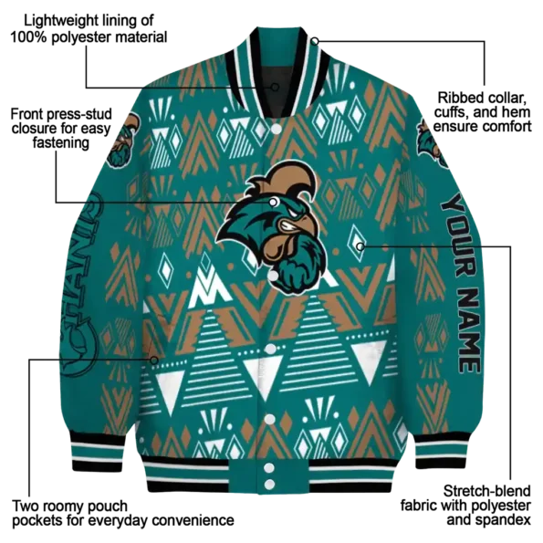 customized coastal carolina chanticleers pyramid shapes green varsity jacket new arrival.webp
