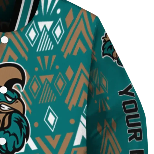 customized coastal carolina chanticleers pyramid shapes green varsity jacket premium grade.webp