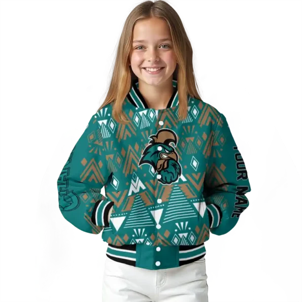 customized coastal carolina chanticleers pyramid shapes green varsity jacket top rated.webp