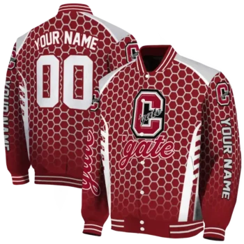 customized colgate raiders hexagon grid maroon varsity jacket fashion forward.webp