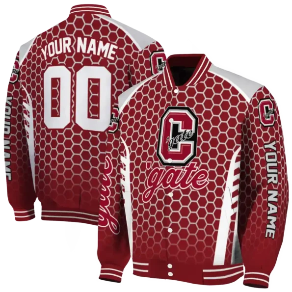 customized colgate raiders hexagon grid maroon varsity jacket fashion forward.webp