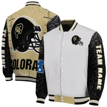 customized colorado buffaloes speckled arms gold gray varsity jacket fashion forward.webp