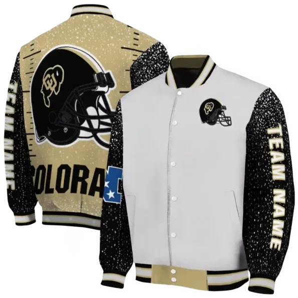 customized colorado buffaloes speckled arms gold gray varsity jacket fashion forward.webp