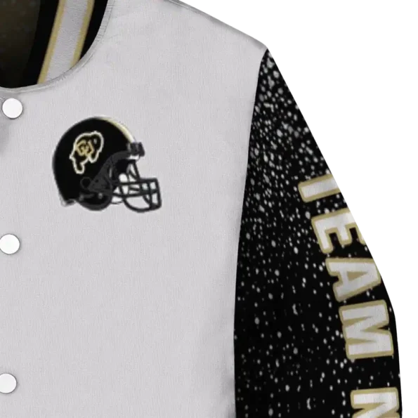 customized colorado buffaloes speckled arms gold gray varsity jacket premium grade.webp