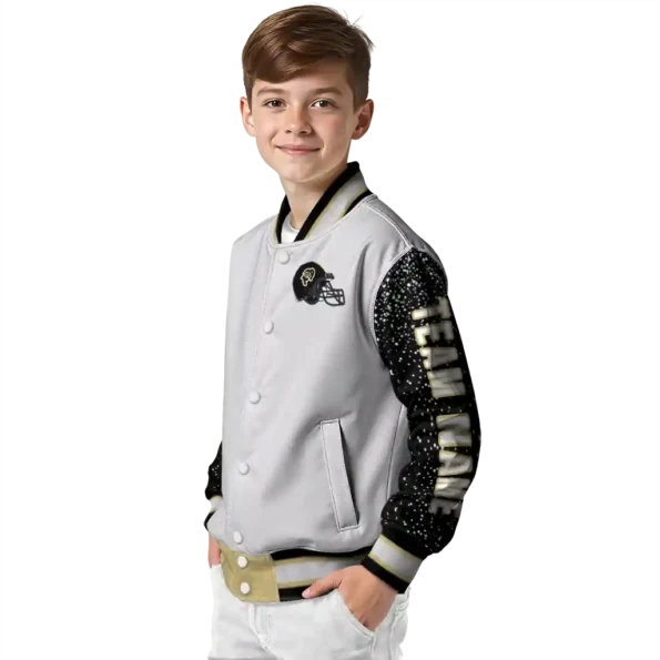 customized colorado buffaloes speckled arms gold gray varsity jacket trendy.webp