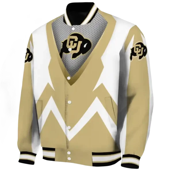 customized colorado buffaloes v stripes gold white varsity jacket best selling.webp