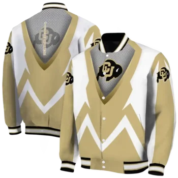 customized colorado buffaloes v stripes gold white varsity jacket fashion forward.webp