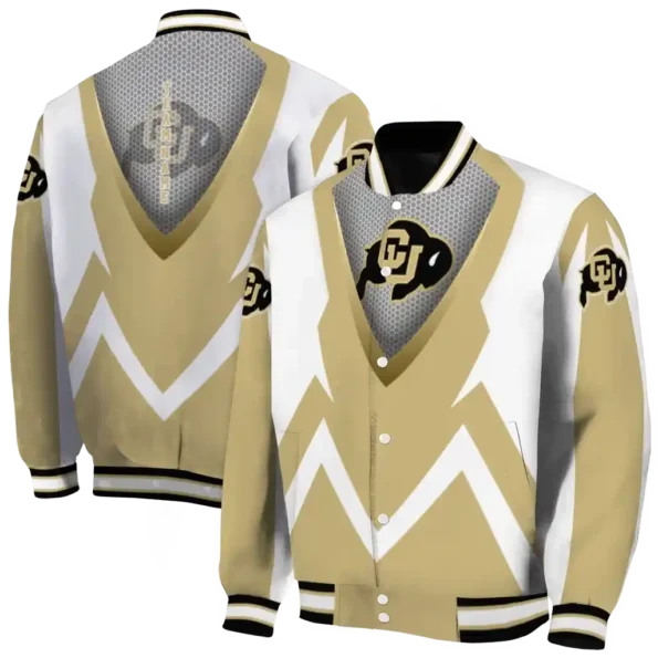 customized colorado buffaloes v stripes gold white varsity jacket fashion forward.webp