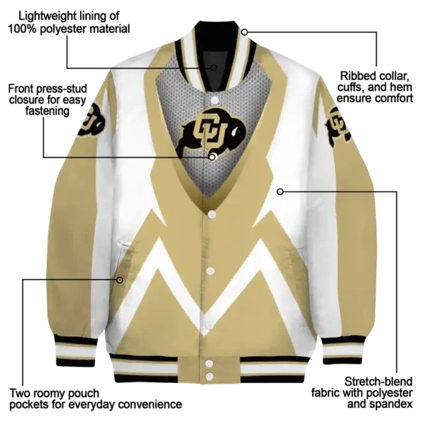 customized colorado buffaloes v stripes gold white varsity jacket new arrival.webp