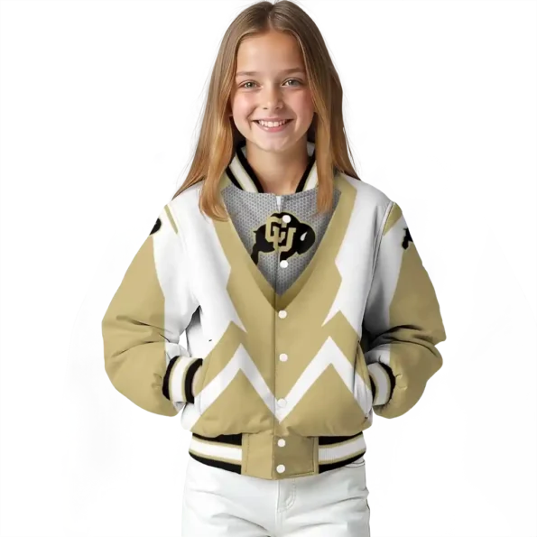 customized colorado buffaloes v stripes gold white varsity jacket top rated.webp