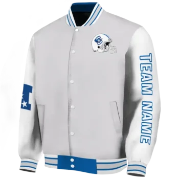 customized creighton bluejays speckled arms blue gray varsity jacket best selling.webp