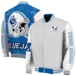 customized creighton bluejays speckled arms blue gray varsity jacket best selling.webp