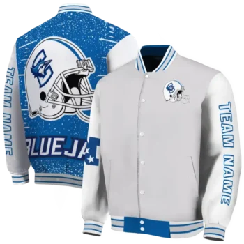 customized creighton bluejays speckled arms blue gray varsity jacket fashion forward.webp