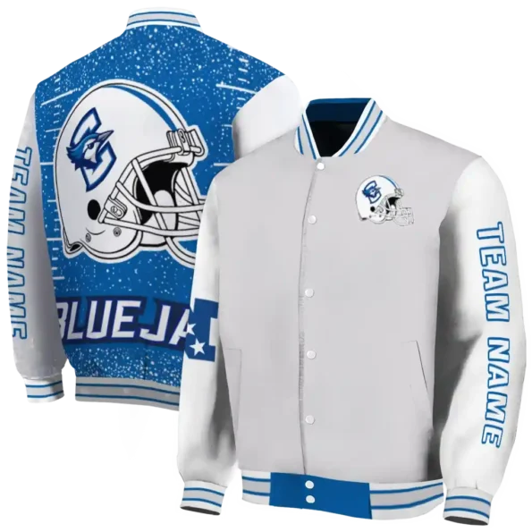 customized creighton bluejays speckled arms blue gray varsity jacket fashion forward.webp