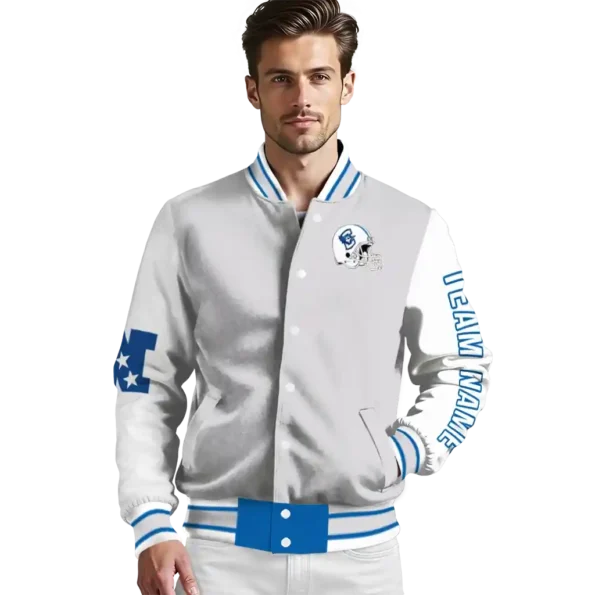 customized creighton bluejays speckled arms blue gray varsity jacket high quality.webp