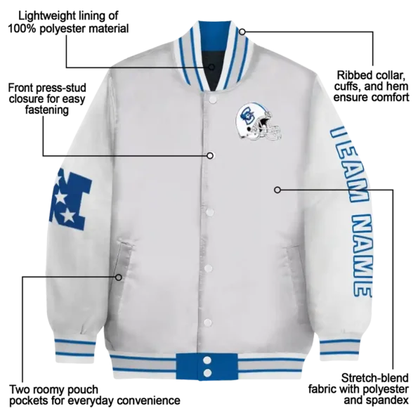 customized creighton bluejays speckled arms blue gray varsity jacket new arrival.webp
