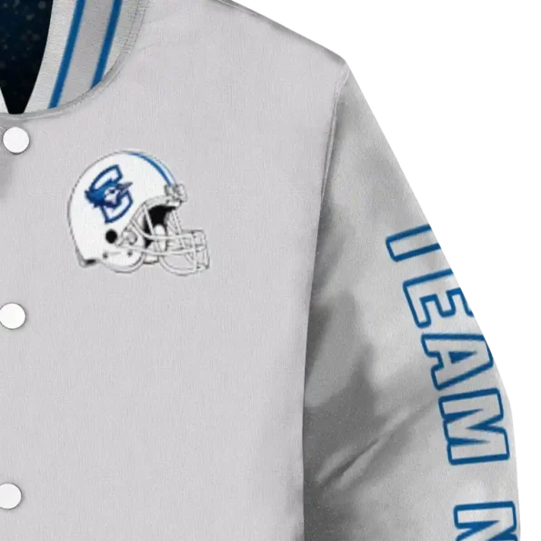 customized creighton bluejays speckled arms blue gray varsity jacket premium grade.webp