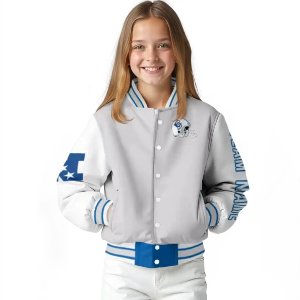 customized creighton bluejays speckled arms blue gray varsity jacket top rated.webp