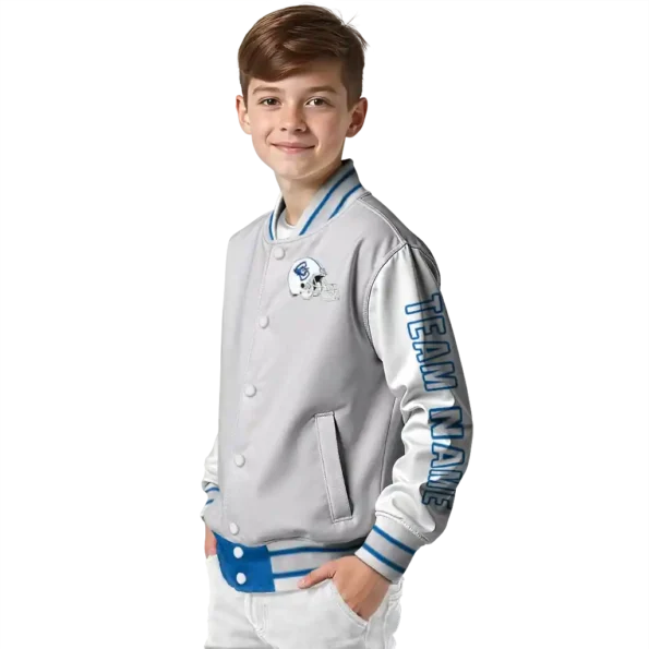 customized creighton bluejays speckled arms blue gray varsity jacket trendy.webp