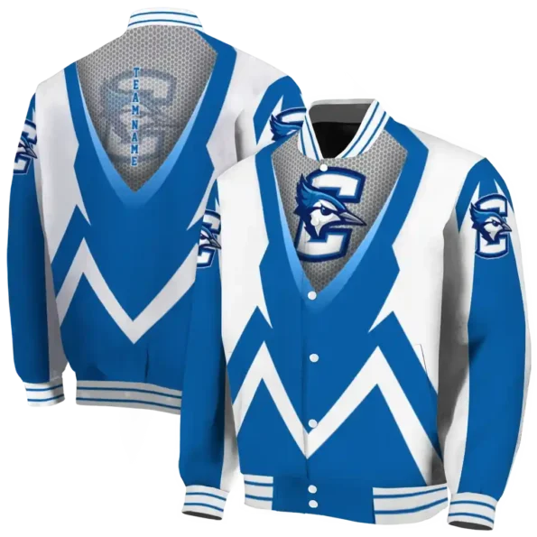 customized creighton bluejays v stripes blue white varsity jacket fashion forward.webp