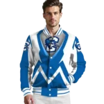 customized creighton bluejays v stripes blue white varsity jacket best selling.webp