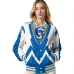 customized creighton bluejays v stripes blue white varsity jacket best selling.webp