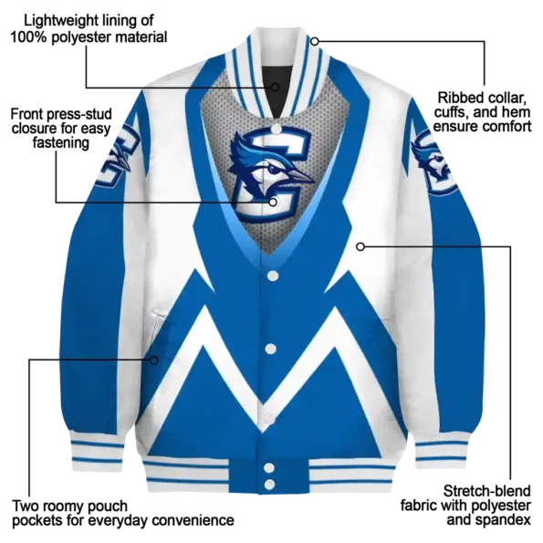 customized creighton bluejays v stripes blue white varsity jacket new arrival.webp