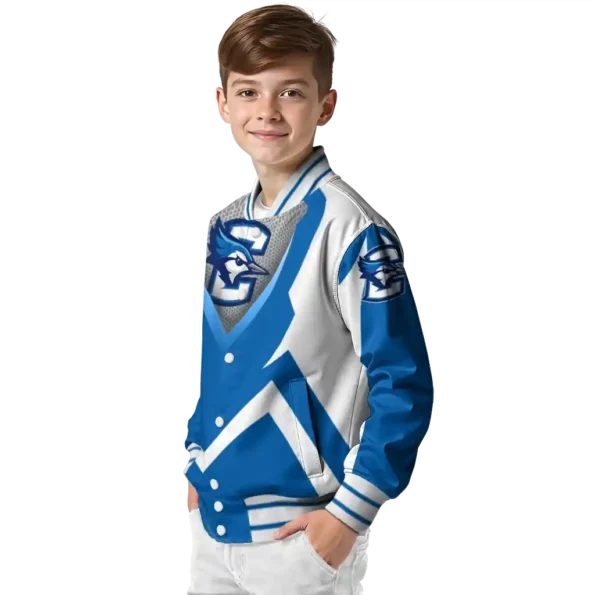 customized creighton bluejays v stripes blue white varsity jacket trendy.webp