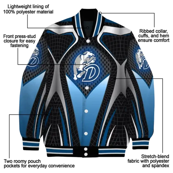 customized drake bulldogs mesh chest gray black varsity jacket new arrival.webp