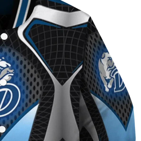 customized drake bulldogs mesh chest gray black varsity jacket premium grade.webp