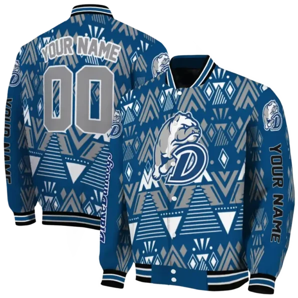 customized drake bulldogs pyramid shapes blue varsity jacket fashion forward.webp