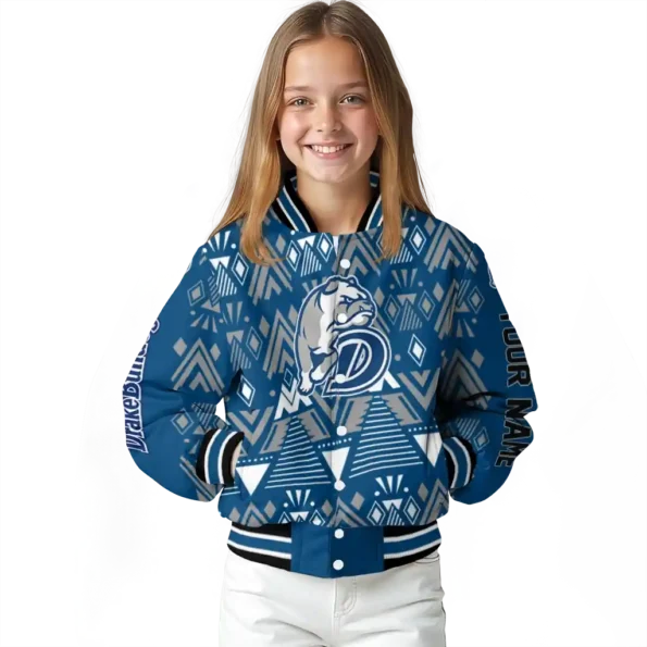 customized drake bulldogs pyramid shapes blue varsity jacket top rated.webp