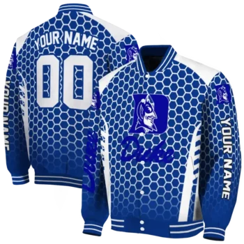 customized duke blue devils hexagon grid blue varsity jacket fashion forward.webp