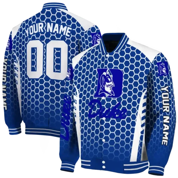 customized duke blue devils hexagon grid blue varsity jacket fashion forward.webp