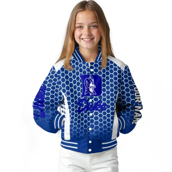 customized duke blue devils hexagon grid blue varsity jacket top rated.webp
